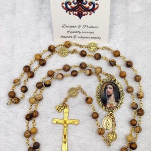 BROWN GEMSTONE ROSARY: Picture Jasper Beads, St. Benedict Beads, Color Sacred Heart Center, Golden Miraculous Medal, Golden Flared Crucifix