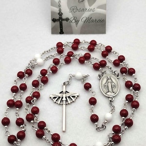 CONFIRMATION ROSARY Red & White Czech Glass with Miraculous Medal Centerpiece and Beautiful Holy Spirit Cross