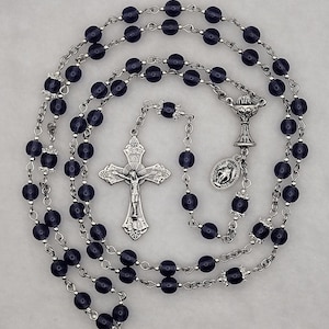 First Communion Rosary Deep Violet Smooth Round Czech Glass Rosary with 3D Chalice Centerpiece and Beautiful Flared Grape and Leaf Crucifix
