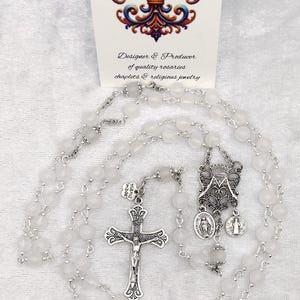 GEMSTONE ROSARY: Quartz Rock Crystal Beads, Crown Marian Centerpiece St. Benedict and Miraculous Medals attached, Ornate Victorian Crucifix