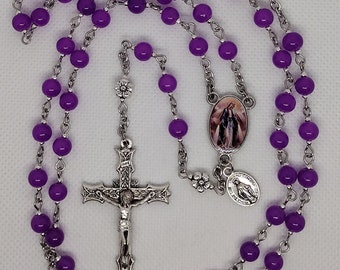 SMOOTH - Purple Jade-style Rosary Our Lady of Grace Centerpiece Ornate Tulip Crucifix