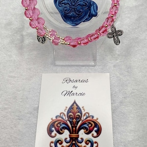 Rose Pink Czech Glass Rosary Wrap Bracelet - Miraculous Medal Cross