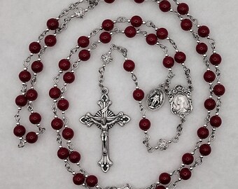 CZECH GLASS Blood Red Rosary with Blessed Virgin with Roses Center and Ornate Fleur-de-lis Crucifix
