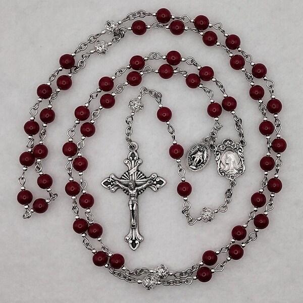 CZECH GLASS Blood Red Rosary with Blessed Virgin with Roses Center and Ornate Fleur-de-lis Crucifix