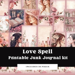 Kit de carnet de bordel éphémères pour album de scrapbooking, collage éphémère, pochettes de roses roses pour la Saint-Valentin, papiers imprimables, pages de carnet magique romantique, potions