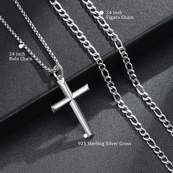 925 Sterling Silver Cross Necklace for Men With 2PCS Strong 24