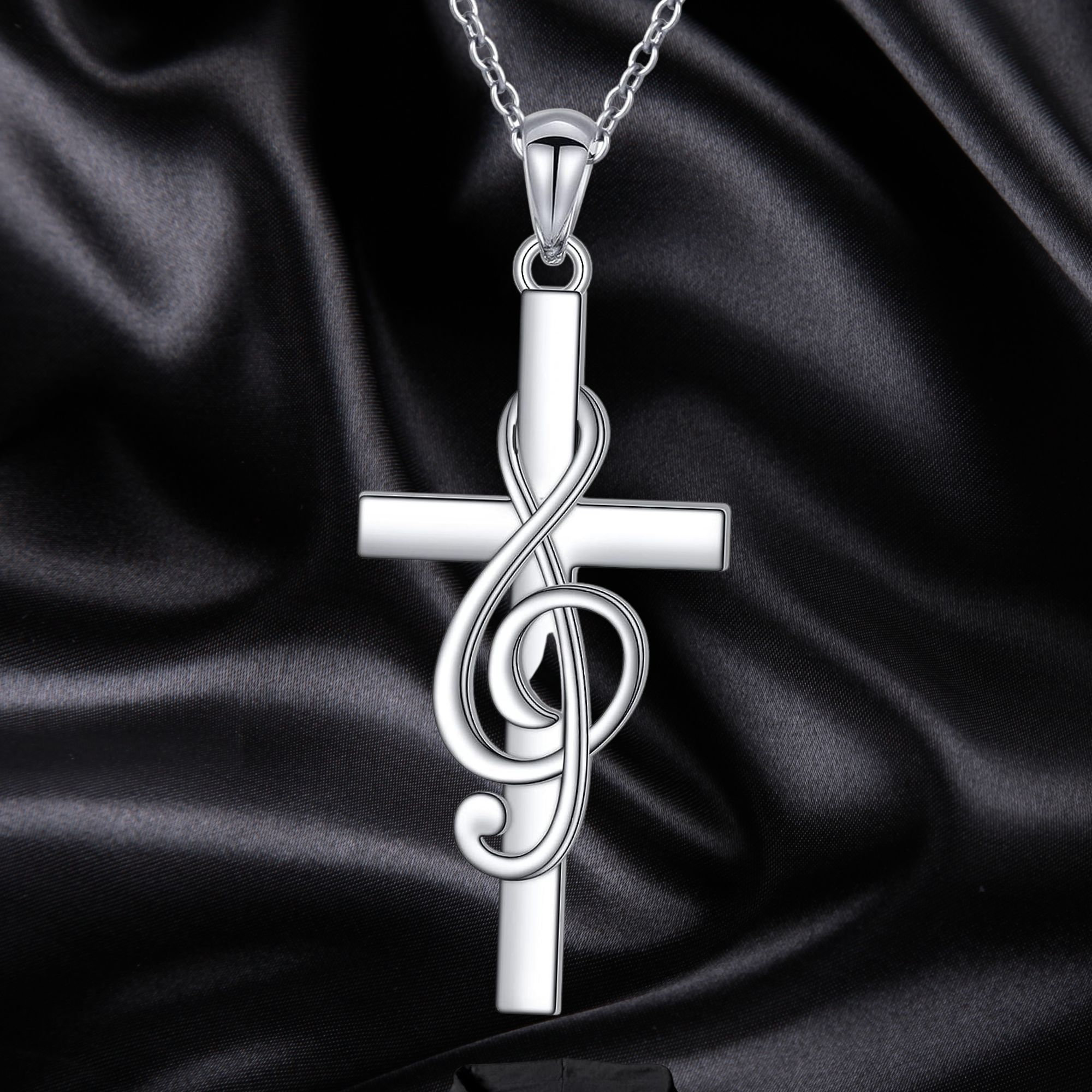 925 Sterling Silver Music Note Cross Pendant Necklace for Women Men