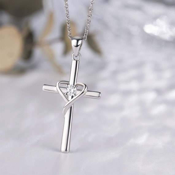 925 Sterling Silver Cross Necklace for Women Men CZ Birthstone