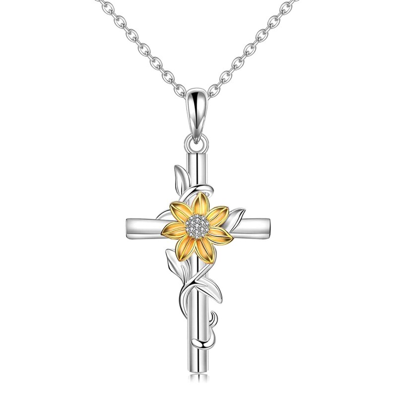 Cross Necklace for Women Sunflower Cross Necklace 925 Sterling Silver Dainty Sunshine Pendant