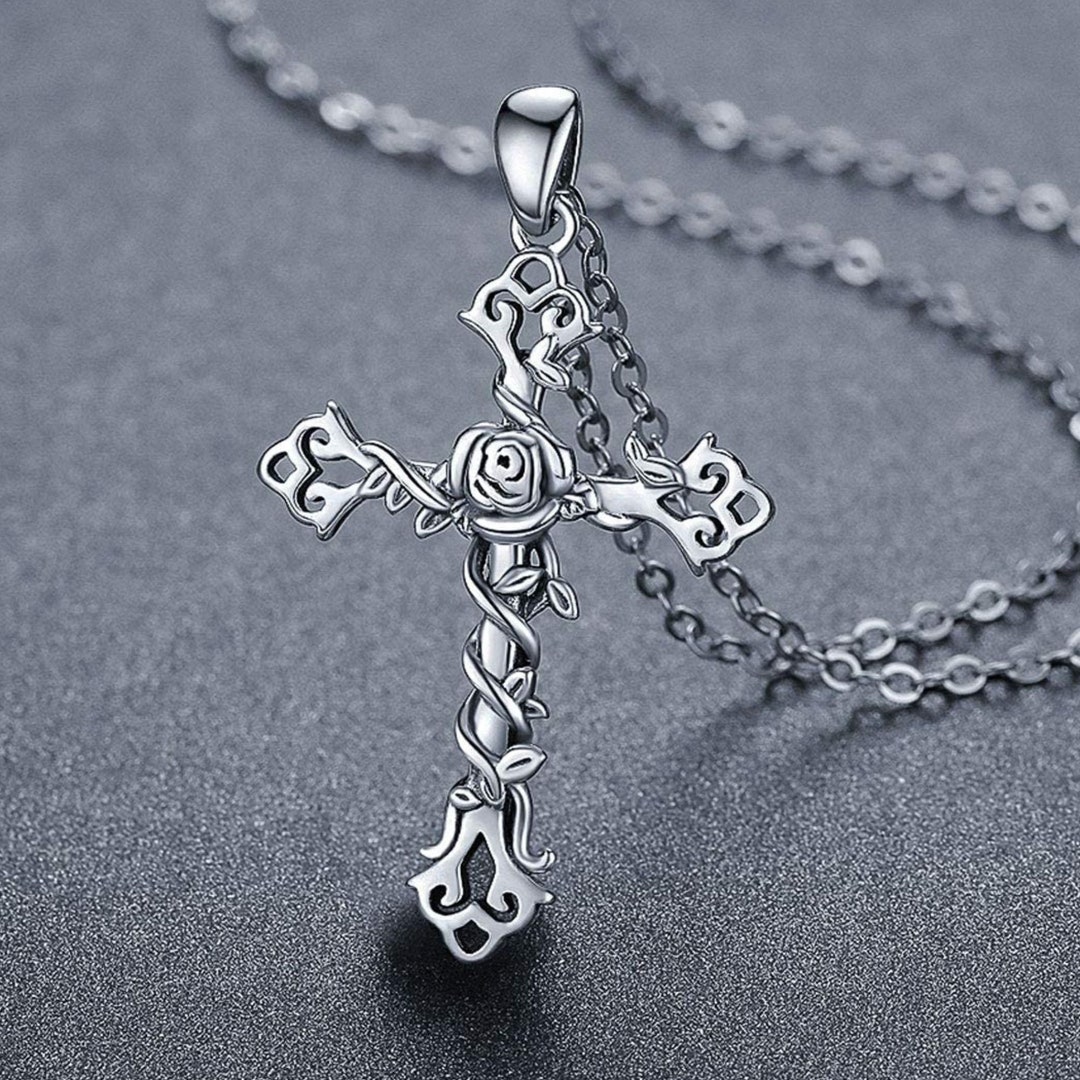 Cross Necklace 925 Sterling Silver Rose Crose Pendant Necklace Cross ...