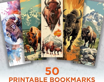 Puede incluir: Cinco marcadores imprimibles con ilustraciones de bisontes en diversos estilos artísticos. Los marcadores muestran bisontes en entornos naturales, con montañas y puestas de sol de fondo. El texto "50 PRINTABLE BOOKMARKS Wonderful Bison" se muestra en la parte inferior.