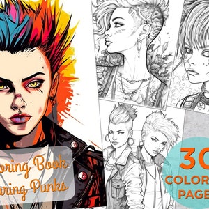 30 Punk Girls Coloring Pages, Punk Girls Adults Printable Grayscale Coloring Book, Beautiful Punk Girls Digital Coloring Book Pages