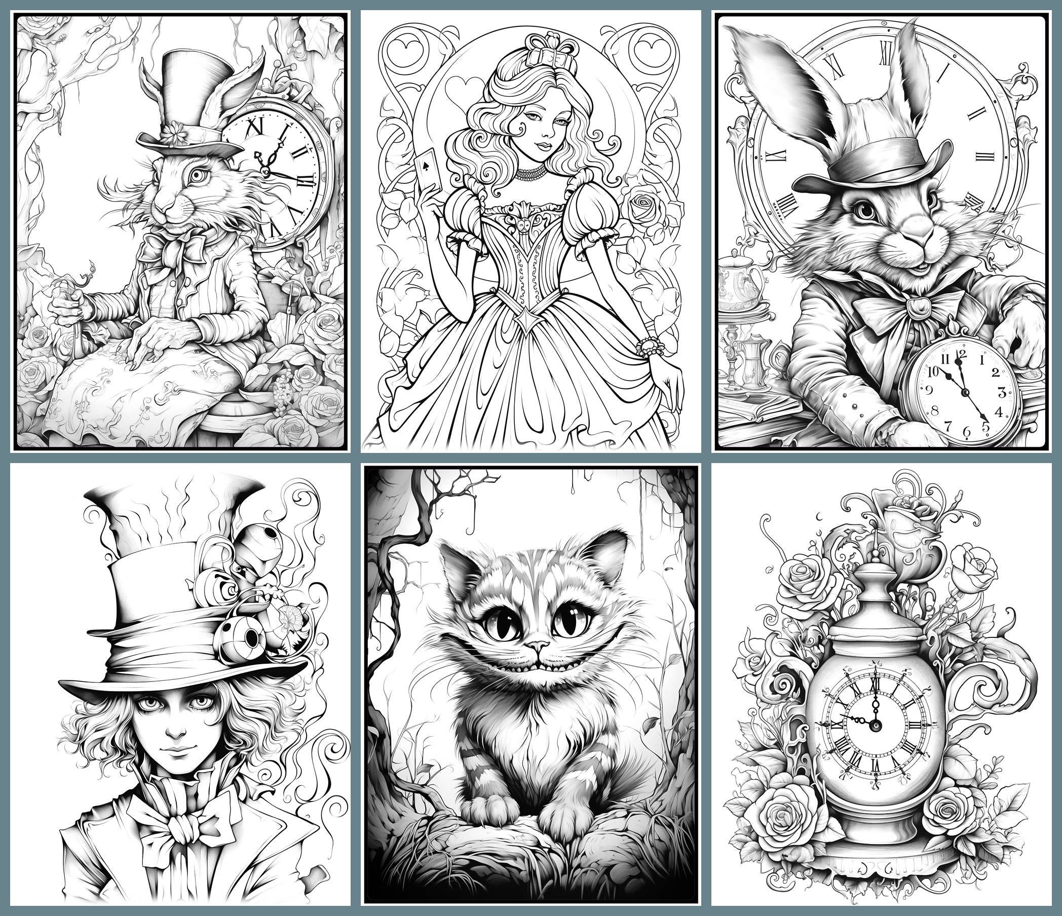 35 Alice Wonderland Coloring Pages, Fairy Printable Grayscale Coloring Book  for Adults, Alice and Hatter Digital Coloring Book Pages - Etsy, image size:2096x1808