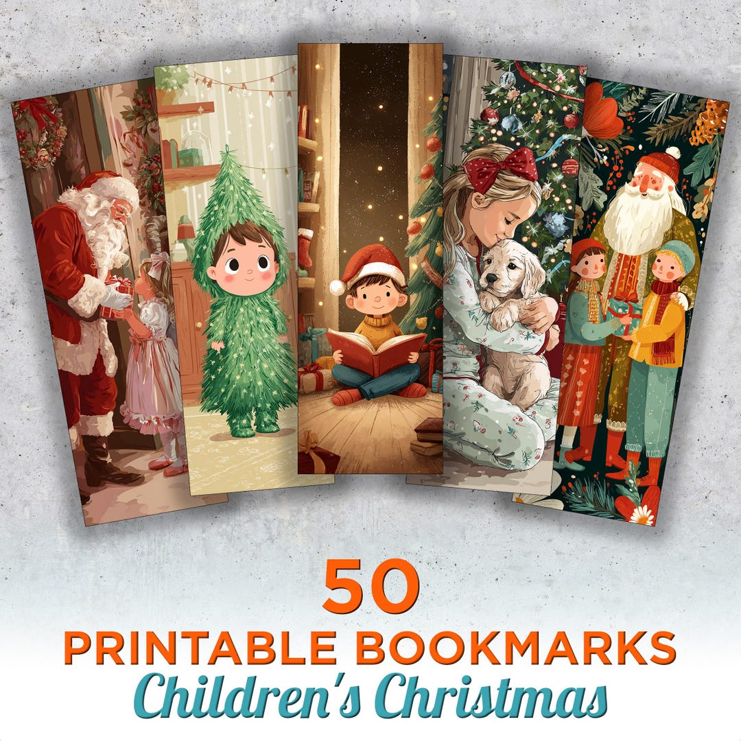 50 Children's Christmas Printable Bookmarks, Christmas Kids Digital