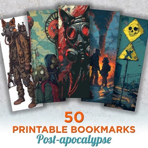 Puede incluir: 50 marcadores imprimibles con un tema postapocalíptico. Los marcadores presentan varias ilustraciones, incluyendo una figura enmascarada, un zorro con una máscara de gas y un letrero de calavera y huesos cruzados.