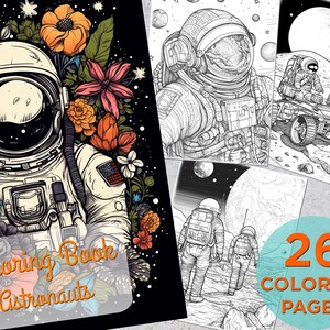26 Astronauts Coloring Book, Astronauts Adults Printable Grayscale Coloring Book Pages, Astronauts and Cosmonauts Digital Coloring Pages