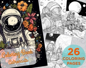 Pode incluir: Um livro para colorir com 26 páginas de ilustrações de astronautas. A capa apresenta um astronauta detalhado com um fundo floral. O texto "Coloring Book Astronauts" está na capa.