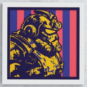 May include: A digital illustration of a robot wearing a helmet and a gas mask. The robot is yellow and blue and is set against a background of pink and blue stripes.