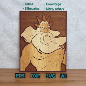 Könnte beinhalten: Holz-Wandkunst mit einer detaillierten Darstellung eines Charakters mit langem weißem Bart und Krone. Das Kunstwerk besteht aus geschichtetem Holz in Braun- und Beigetönen, wobei das Gesicht und der Bart der Figur heller sind. Der Rahmen ist dunkelbraun. Der Text unten lautet "EPS, DXF, SVG, AI".