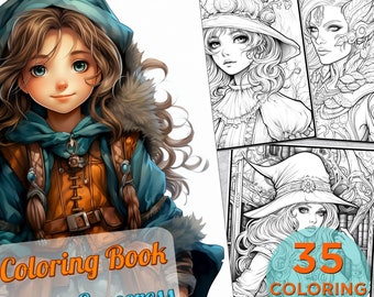 35 Young Sorceress Coloring Pages, Magic Adults Printable Grayscale Coloring Book, Coloring pages for girls, Wizard Digital Coloring Book