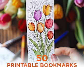 50 Printable Bookmarks For Coloring Flowers, Floral Digital Download Bookmark Sheets, PDF Bookmarks To Color, Print and Cut Bookmark Set