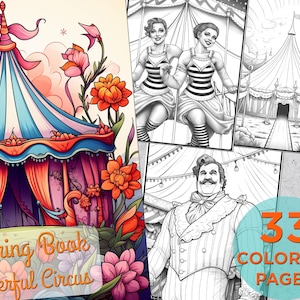 33 Circus Coloring Pages, Adults Printable Grayscale Coloring Book with Circus Arts, PDF Circus Digital Coloring Book Pages for Adults