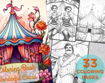 33 kolorowanki z cyrkiem, kolorowanka dla dorosłych w skali szarości do druku z motywami cyrkowymi, kolorowanka cyfrowa z cyrkiem w formacie PDF dla dorosłych