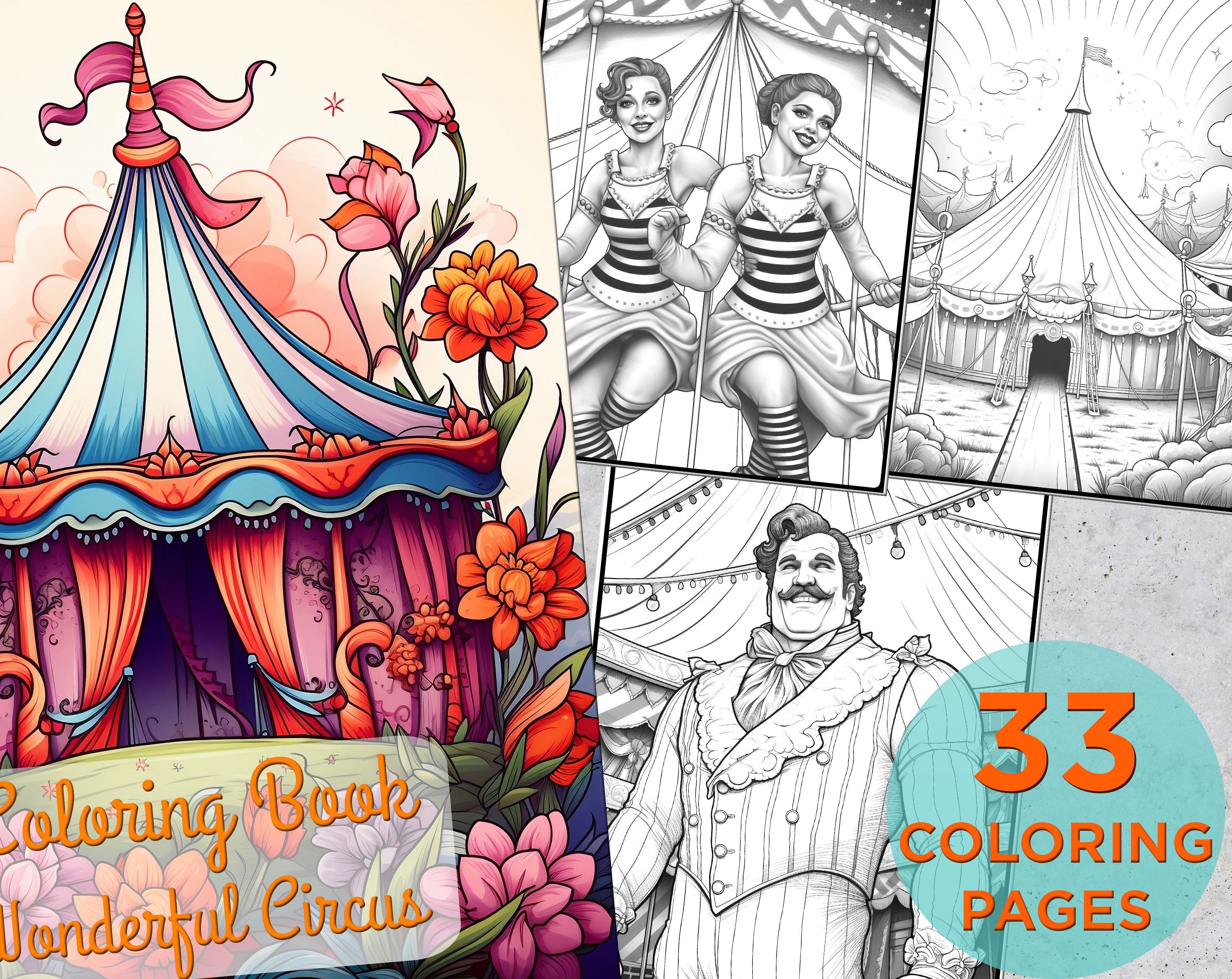 33 Circus Coloring Pages, Adults Printable Grayscale Coloring Book with Circus Arts, PDF Circus Digital Coloring Book Pages for Adults