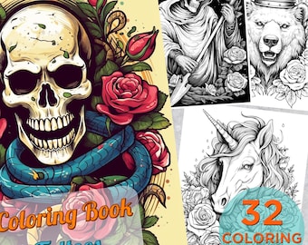 32 Tattoo Coloring Pages, Adults Printable Coloring Page with tattoo arts, Tattoo Drawings Coloring pages book, Tattoo Digital Coloring Book