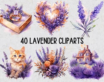 40 Lavender PNG Sublimation Clip Art, Set of Transparent Watercolor PNG Lavender Sublimation Clipart, Lavender Watercolor PNG Cliparts