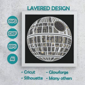May include: A layered design of the Death Star, a fictional space station from a science fiction franchise, in a white frame. The design is in shades of gray, black, and yellow. The words "LAYERED DESIGN" are at the top. The image also includes the words "SVG", "DXF", "EPS", "AI", "- Cricut", "- Glowforge", "- Silhouette", and "- Many others".