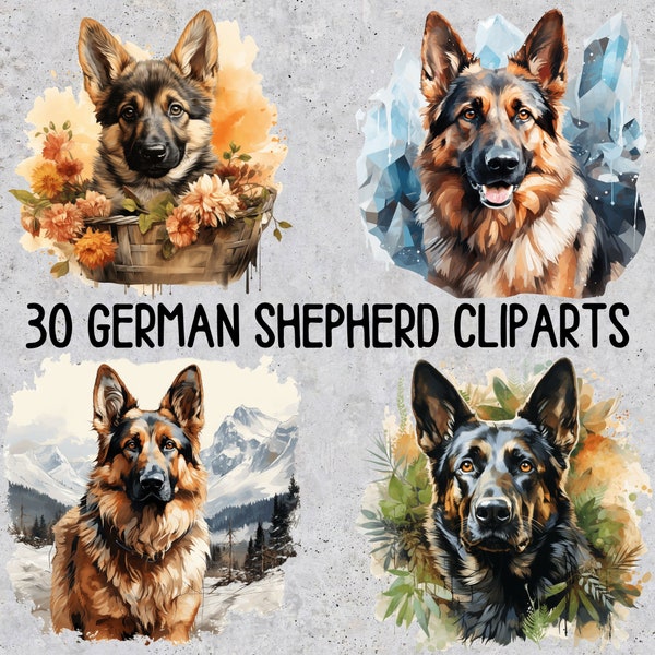 30 German Shepherd PNG Cliparts, Watercolor Shepherd Sublimation, Set of Transparent PNG Floral Shepherd Dog Clip art for Sublimation Prints