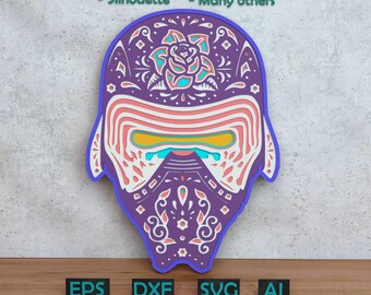 May include: A layered, purple, laser-cut design in the shape of a stylized mask, featuring floral and geometric patterns. The design includes layers of pink, yellow, and teal. Text at the top reads "- Cricut - Silhouette - Glowforge - Many others". Below are the file types: EPS, DXF, SVG, AI.