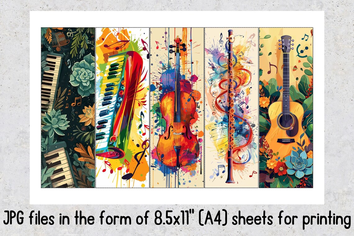 50 Musical Printable Bookmarks, Instruments Digital Download Bookmark ...