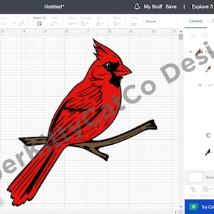 May include: A red cardinal bird perched on a brown branch. The bird is facing right and has a black eye and beak. The bird is outlined in black.