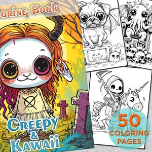 50 páginas para colorear espeluznantes y kawaii, páginas de libros para colorear en escala de grises imprimibles de terror para adultos para adultos, libro para colorear digital lindo y espeluznante