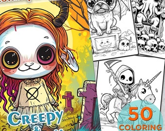 May include: A coloring book cover featuring a cute, creepy, and kawaii character with large eyes and horns. The cover also includes a graveyard scene and the text "Creepy & Kawaii" and "50 Coloring Pages".