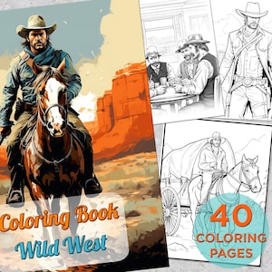 40 Wild West Coloring Pages, Adults Printable Cowboy Coloring Book Pages, Western Coloring pages for adults, Printable America Coloring Book