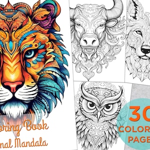 30 Animal Mandala Coloring Pages, Zen Mandala Printable Grayscale Coloring Book for adults, Zentangle Animal Mandala Digital Coloring Book