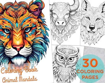 30 Animal Mandala Coloring Pages, Zen Mandala Printable Grayscale Coloring Book for adults, Zentangle Animal Mandala Digital Coloring Book