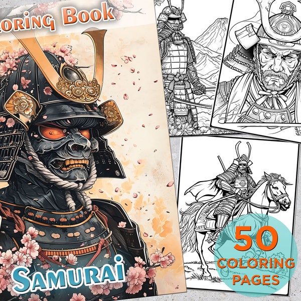 50 Samurai Coloring Pages, Japan Samurai Adults Printable Grayscale Coloring Book, Warrior Samurai Digital Coloring Book Page