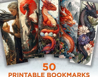 50 Gorgeous Dragon Printable Bookmarks, Dragon Digital Download Bookmark Sheets, Dragon PNG bookmark sublimation, Print and Cut Bookmark Set