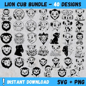 May include: A set of 40 black and white lion cub illustrations. The illustrations feature various poses and expressions, including a lion cub wearing a crown, a lion cub with a bow tie, and a lion cub with a heart. The text "Lion Cub Bundle - 40 Designs" is at the top of the image. The text "Instant Download SVG + PNG" is at the bottom of the image.