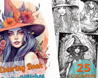 Può includere: Un libro da colorare con 25 illustrazioni di belle streghe. La copertina presenta una strega con lunghi capelli blu che indossa un grande cappello arancione e viola adornato con fiori. Il testo "Coloring Book Pretty Witches" è stampato sulla copertina.