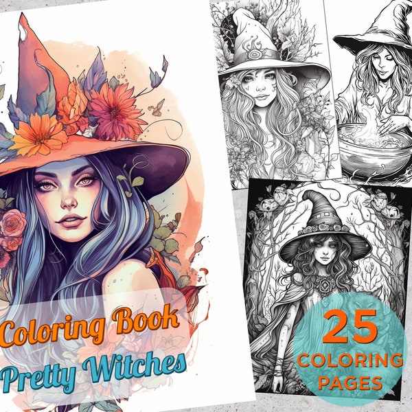 25 Pretty Witches Coloring Pages, Adults Printable Grayscale Coloring Book, Coloring pages for adults, Sugar Skulls Digital Coloring Book