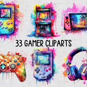 May include: A set of 33 watercolor-style gamer clip art images. The images include a Game Boy, a retro arcade game, a Nintendo Switch, a gaming controller, a Game Boy Color, and a pair of headphones.