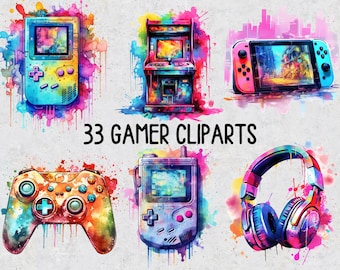 33 Gamer PNG Sublimation Clip Arts Bundle, Set of Transparent Watercolor PNG Gamer Sublimation Clipart, Gamer Watercolor PNG Cliparts