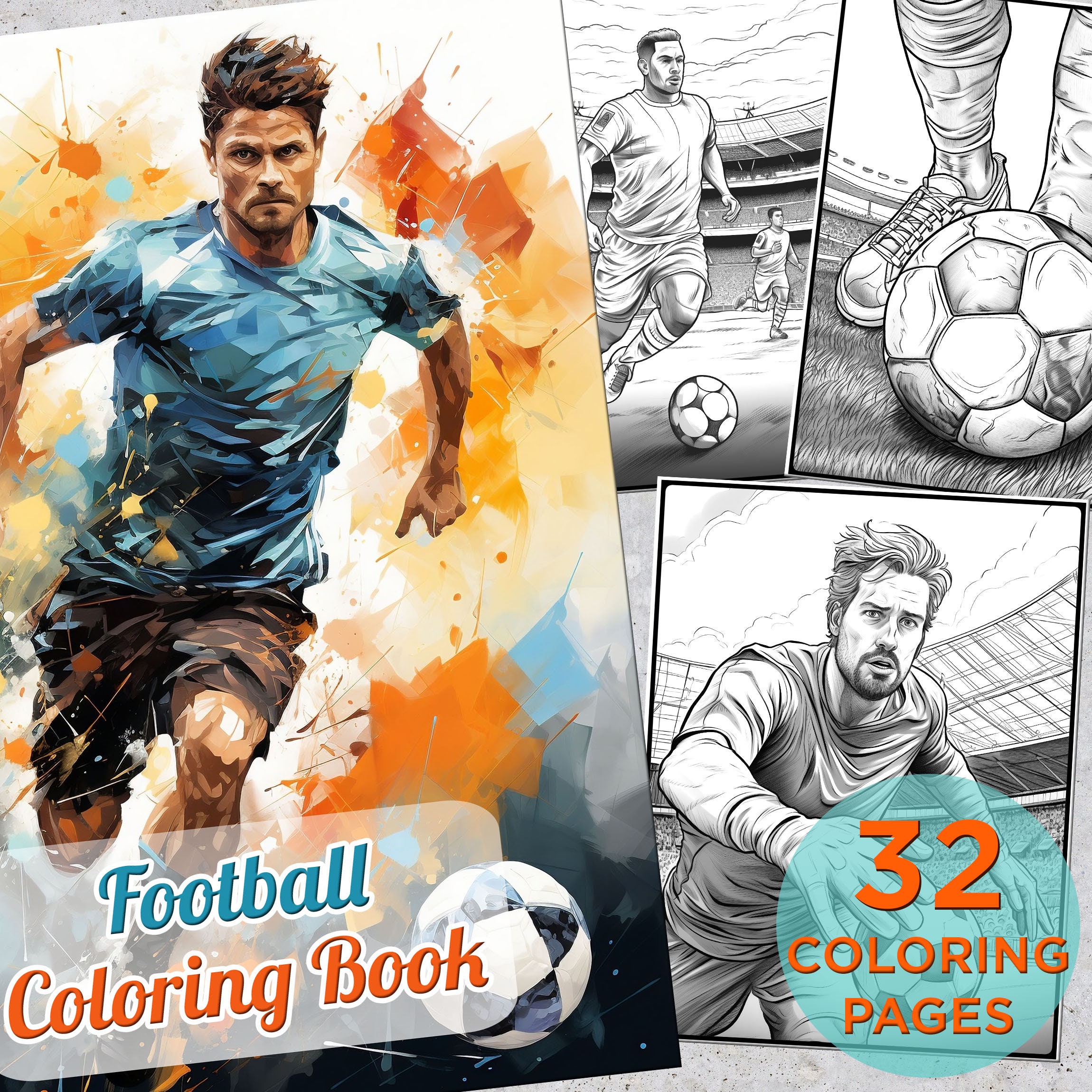 32 Football Coloring Pages, Football Adults Printable Grayscale Coloring Book, Football Digital Coloring Book Pages, Football drawings