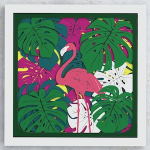 Flamingo Shadow Box, Flamingo hiding in leaves SVG, Monstera Layered design for Cricut Silhouette, 3D Flamingo layered SVG Shadowbox Mandala
