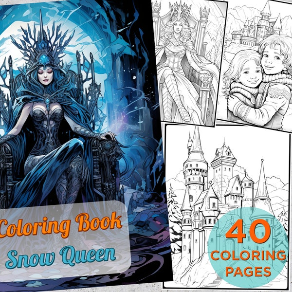 40 Snow Queen Coloring Pages, Snow Queen Printable Grayscale Coloring Book, Hans Christian Andersen Snow Queen Digital Coloring Book